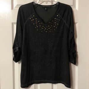 French Laundry Blouse Size Small Embellished Black Three-Quarter Sleeves